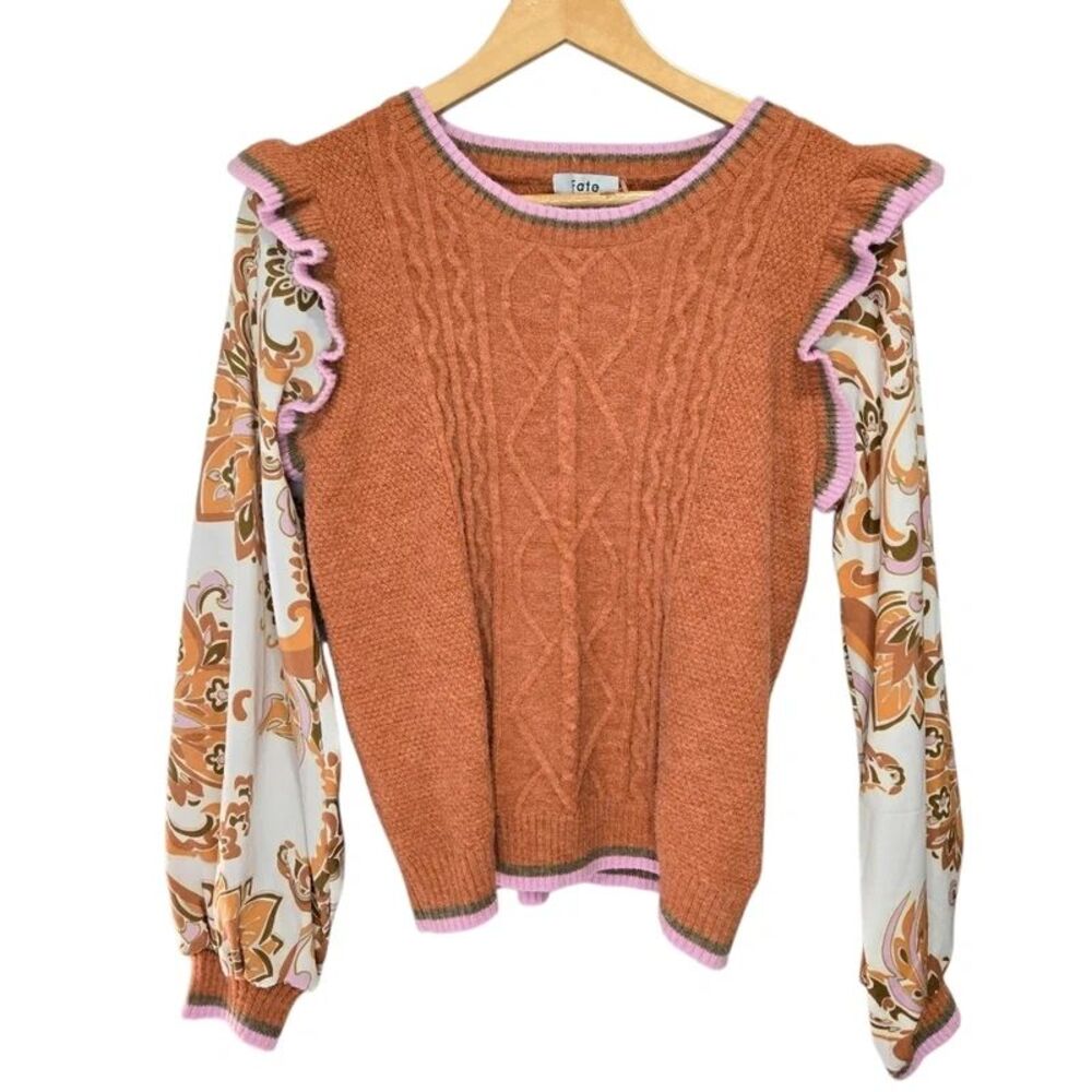 Fate Orange Sweater with Patterned Sleeves